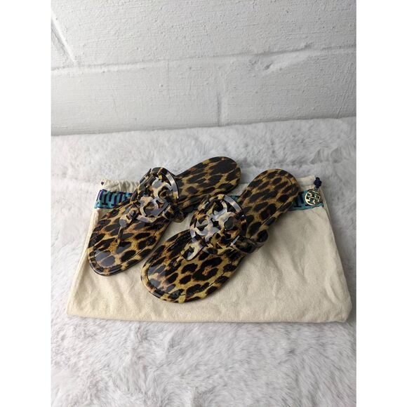 Tory Burch Patent Leather Leopard Slip On Miller Thong Sandal Black Tan Sz 5.5 N